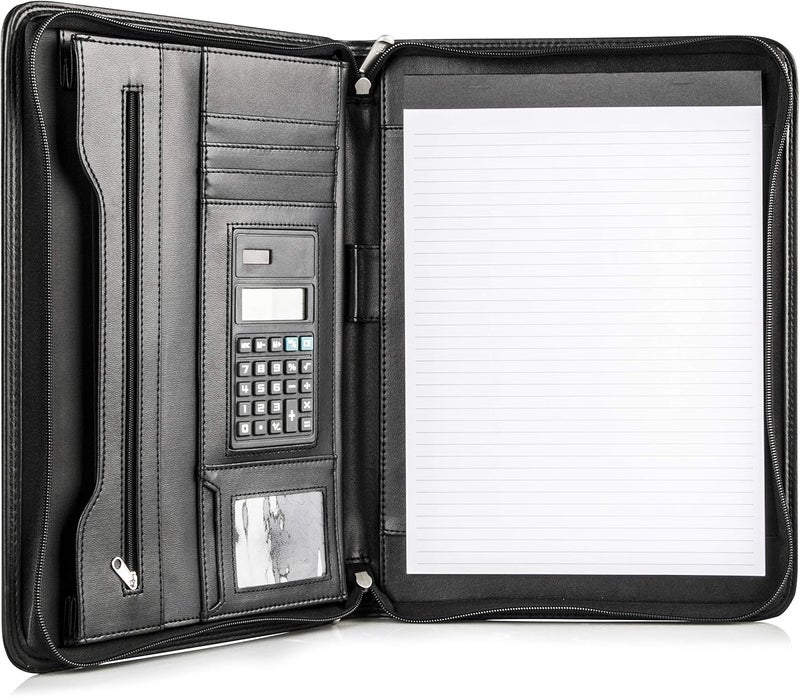COSSINI Black Superior Vegan Leather Business Portfolio with Zipper – Padfolio All-in-One. Smartest Protective 10.1 Inch Tablet Sleeve, Presentation Slot, Solar Calculator, Card Storage, Writing Pad - Image 1